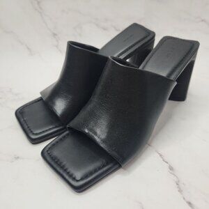 Oak & Fort Peep Toe Mule Black Leather Sandal Y2K Square Block Heel Size 9